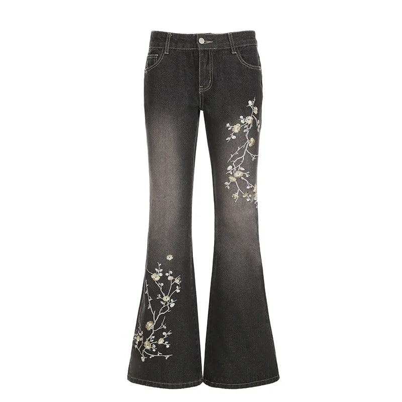 Y2K Floral Embroidery Low Rise Flared Jeans