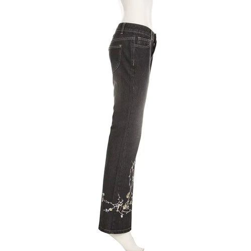 Y2K Floral Embroidery Low Rise Flared Jeans
