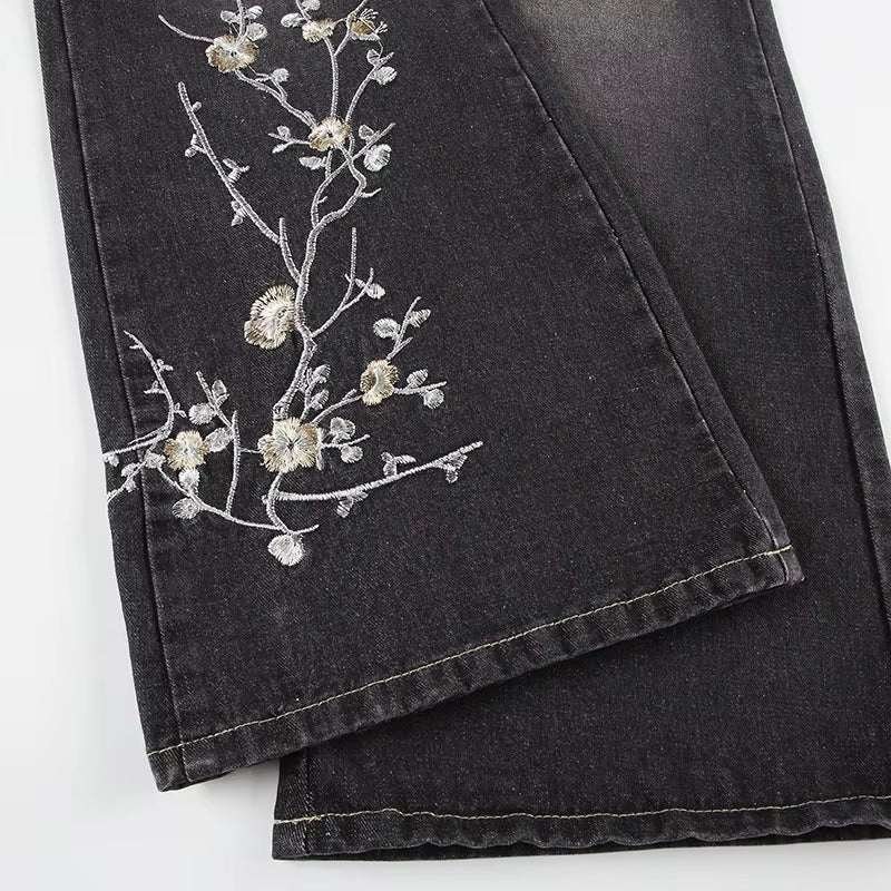 Y2K Floral Embroidery Low Rise Flared Jeans