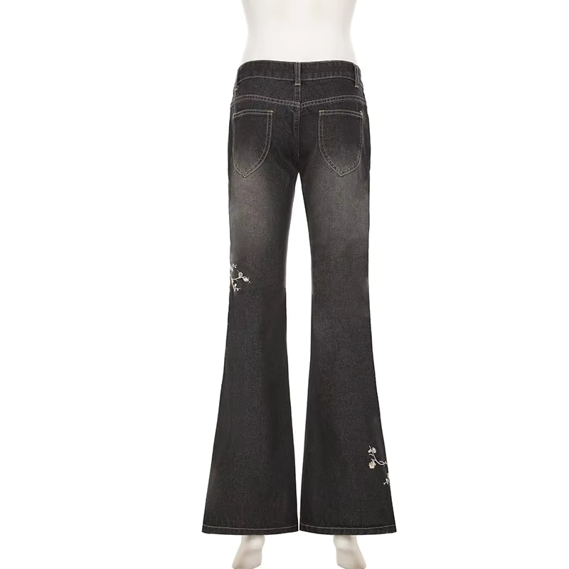 Y2K Floral Embroidery Low Rise Flared Jeans